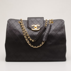 Chanel Vintage Black Quilted Jumbo Weekender Tote front