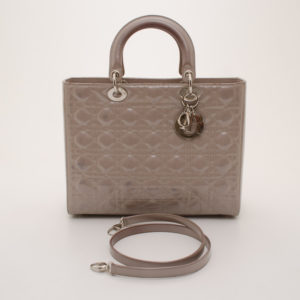 Christian Dior Grey Patent Leather Large ‘Lady Dior’ Bag front strap