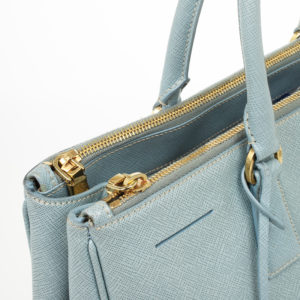 Prada Baby Blue Saffiano Lux Double-Zip Tote zips