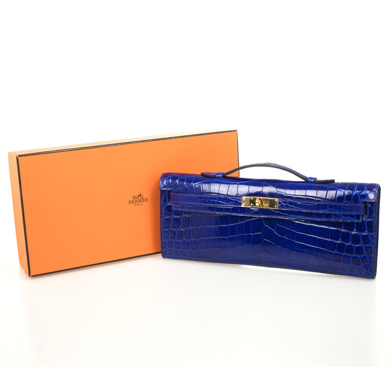 Hermes Bleu Electrique Niloticus Crocodile Kelly Cut Clutch