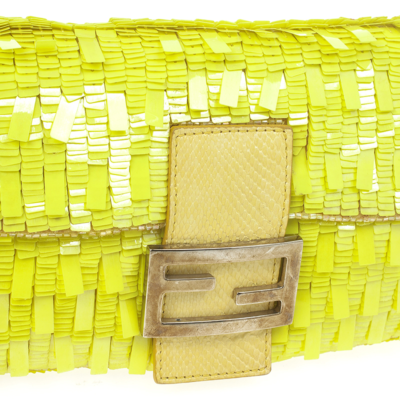 Close up shot of Fendi Yellow Sequin and Snakeskin Baguette Bag