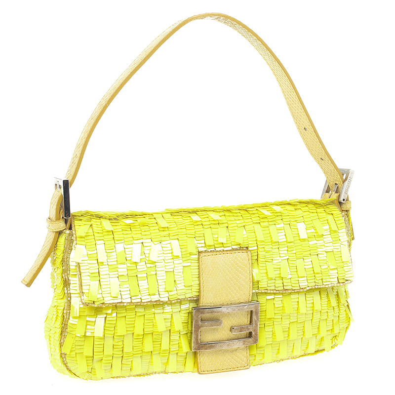 side shot of Fendi Yellow Sequin and Snakeskin Baguette Bag
