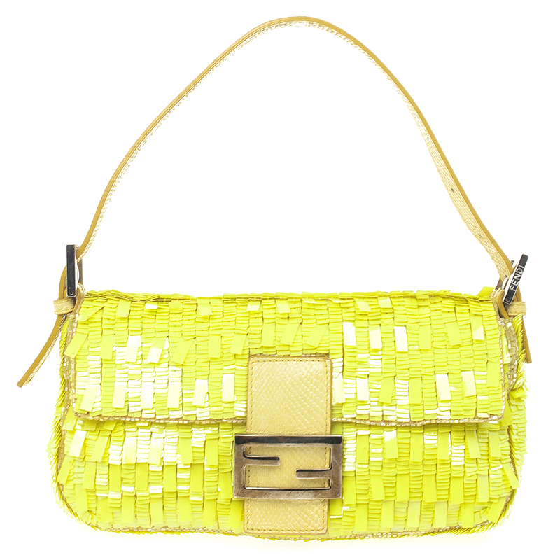 front shoto f Fendi Yellow Sequin and Snakeskin Baguette Bag