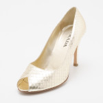 Front shot of the Prada Gold Snakeskin Print Peep Toe Sandals Size 35.5