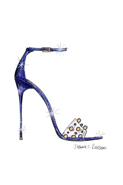 Jerome C. Rousseau: “The stroke of midnight is a wonderful element of the Cinderella fairy tale, it adds tension and intensity to the story. I was inspired by that when I designed this style for Cinderella and the result is a dramatic midnight-blue glitter sandal on a sky-high heel. The clear strap is reminiscent of the crystal slipper, while the refined gold and silver trims add the right amount of whimsy to the design. I wanted to create something that, if left behind, the Prince would feel even more captivated by Cinderella’s allure.”
