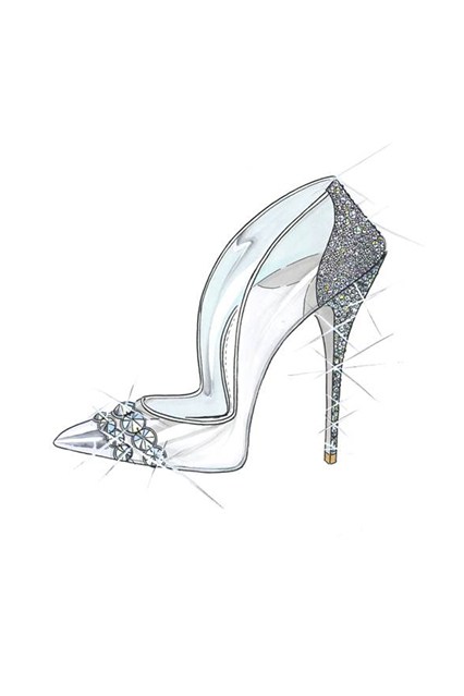 Paul Andrew: “Cinderella’s glass slipper represents every woman’s dream shoe. The story, being a classic, inspired me to use my iconic pointed toe silhouette, which I embellished with an array of hand encrusted Swarovski crystals to create the ultimate fantasy shoe. I used transparent PVC to create a ‘glass’ effect and ivory suede for luxurious texture and dimension.”