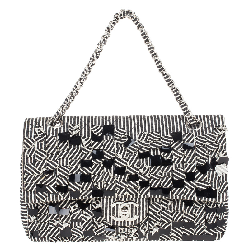 Monochrome Fabric Striped Diane Kruger 2.55 Double Flap Bag USD 2,170