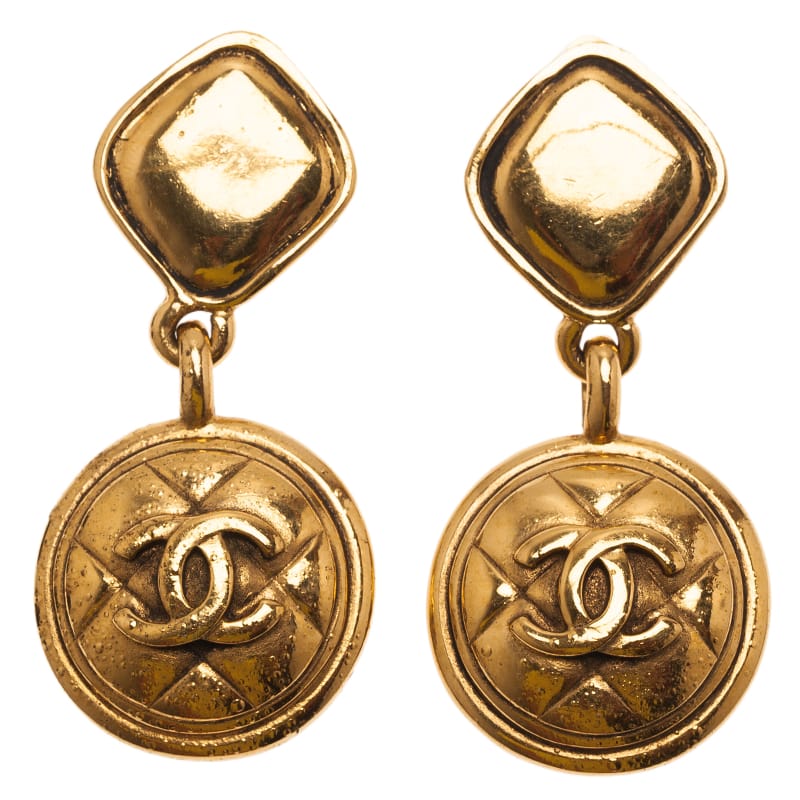Chanel CC Quilted Gold-Tone Drop Earrings