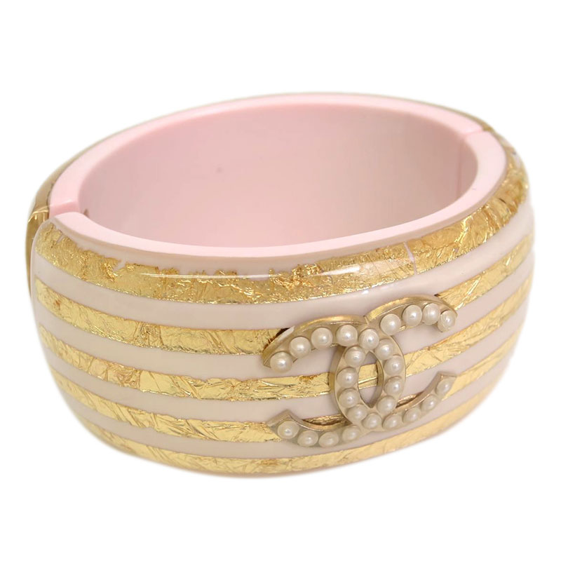 Chanel Pink & Gold Strips Pearl CC Resin Bangle S