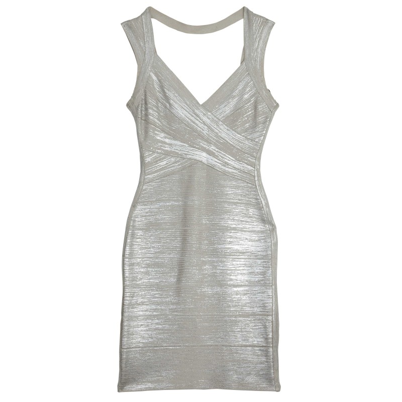 Herve Leger Silver Metallic Vneck Bandage Dress XS
