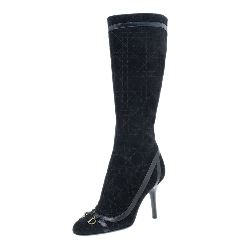 Dior Black Suede Cannage Knee Boots Size 37
