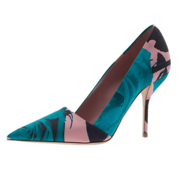 Dior Blue and Pink Rose Print Pointed Toe Pumps Size 36.5
