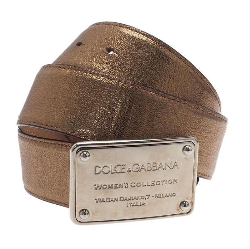 Dolce and Gabbana Gold Metallic Leather Logo Plaque Skinny Belt 85CM