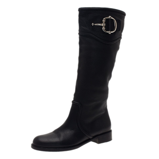 Gucci Black Leather Techno Horsebit Riding Boots Size 38.5