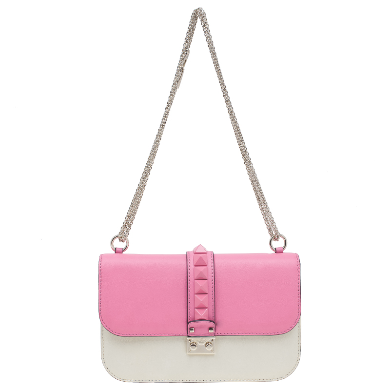 Valentino White and Pink Leather Medium Lock Flap Bag