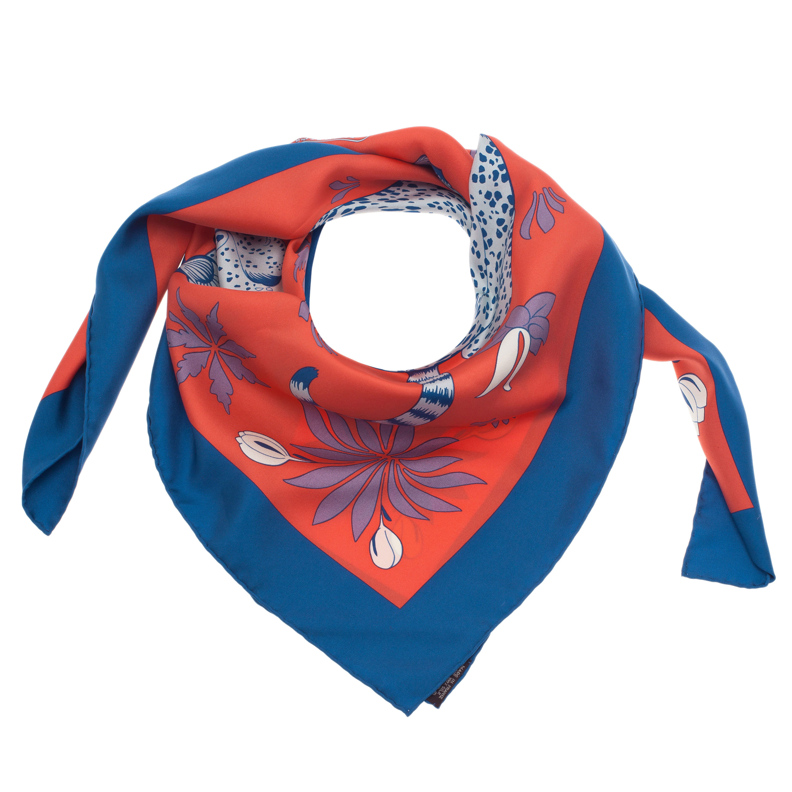 Hermes Peach and Blue Les Leopards Square Silk Scarf