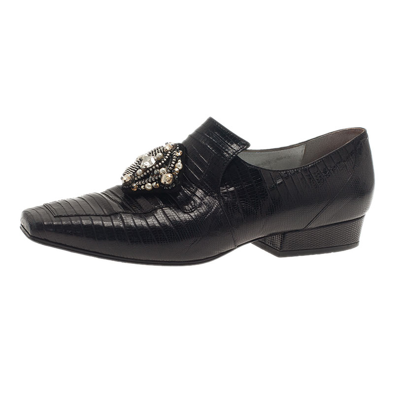 Chanel Black Leather Embellished Loafers Size 38