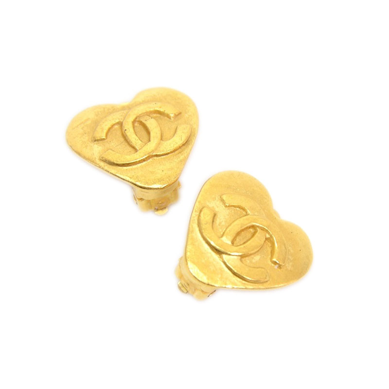 Chanel CC Heart Gold Tone Clip On Earrings