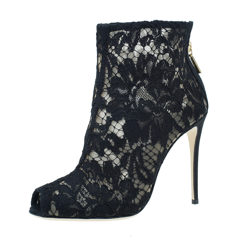 Dolce and Gabbana Black Lace and Mesh Ankle Boots Size 36