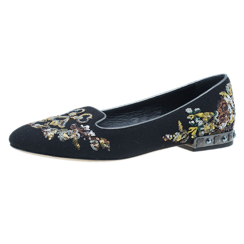 Dolce and Gabbana Black Suede and Sequin Embroidered Smoking Slippers Size 39.5