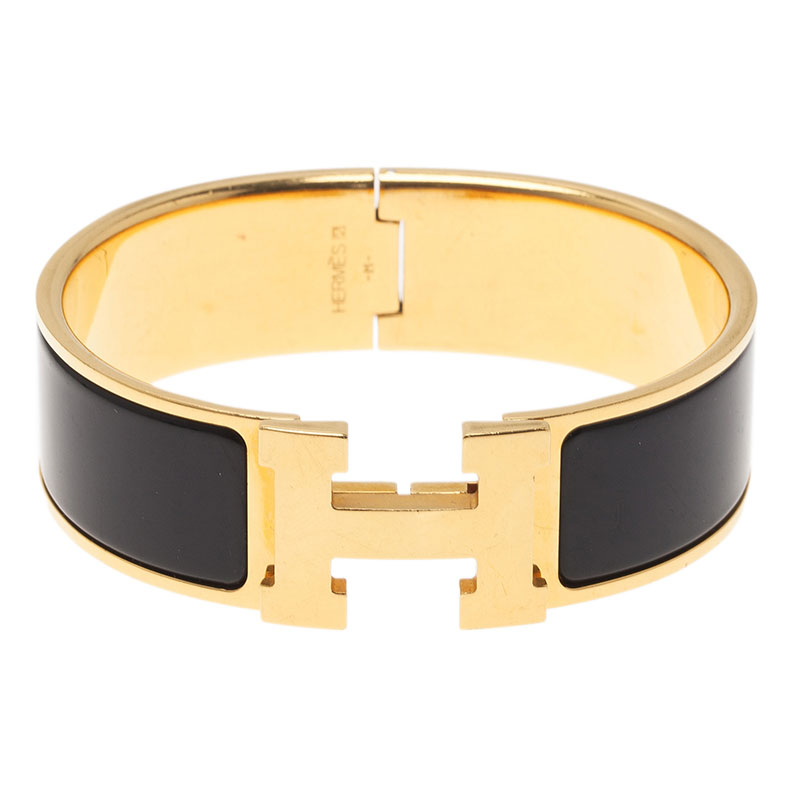 Hermes Clic Clac H Wide Enamel Black Gold-Plated Bracelet