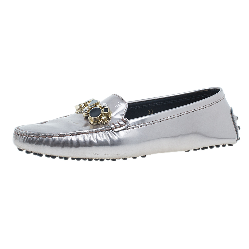 Tod's Metallic Leather Embellished Gommino Loafers Size 39