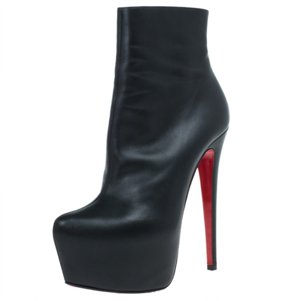 Christian Louboutin Black Leather Daf Booty Platform Ankle Boots Size 37.5