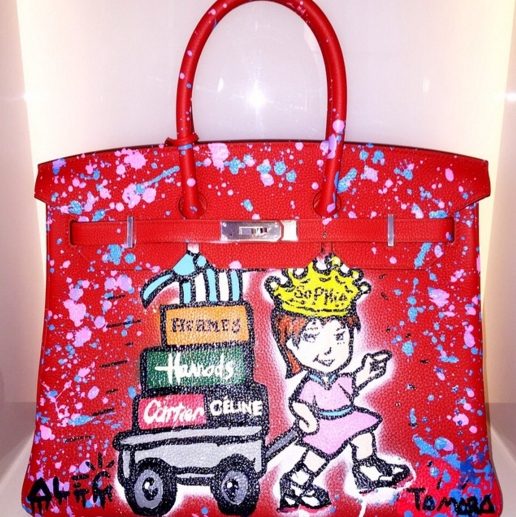Tamara Ecclestone's husband gifted her a red custom Birkin, also painted by the artist Alec Monopoly, for her 31st birthday.