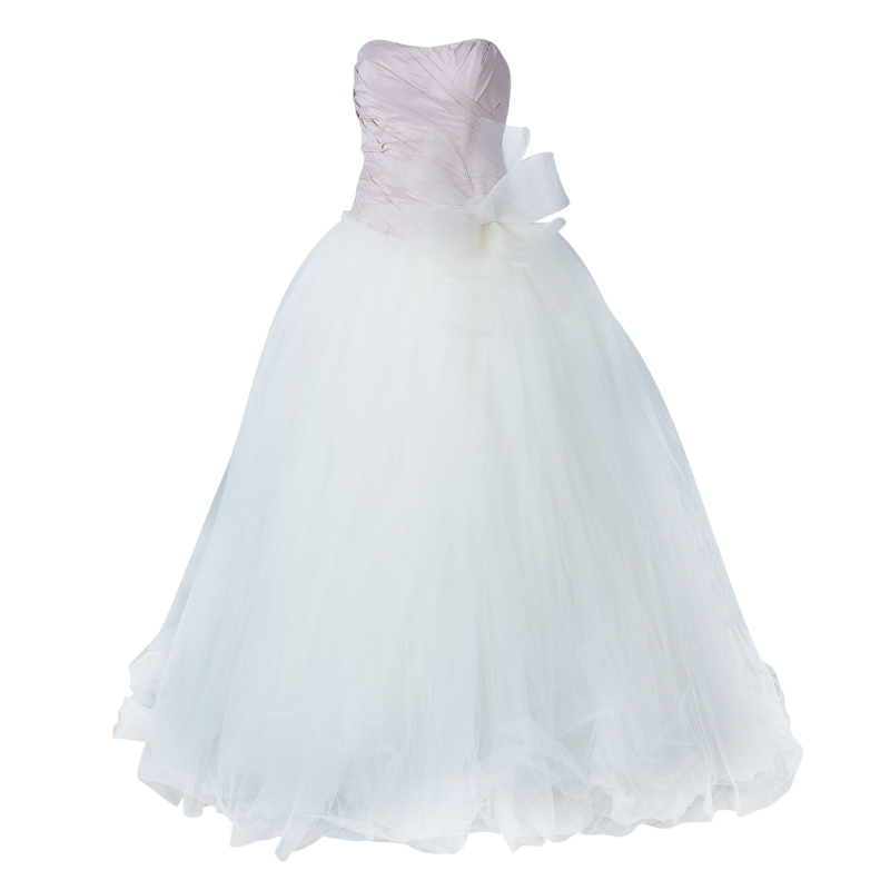 فستان زفاف وايت باي فيرا وانج صدر بطيات درابيه تول أبيض وردي S