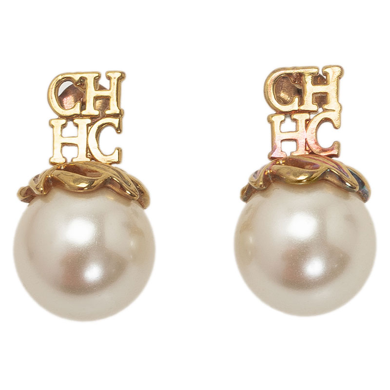 Carolina Herrera CH Faux Pearl Gold Tone Earrings
