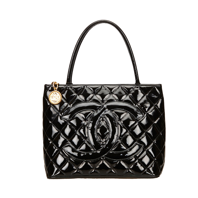 Chanel Black Patent Leather Quilted Medallion Tote