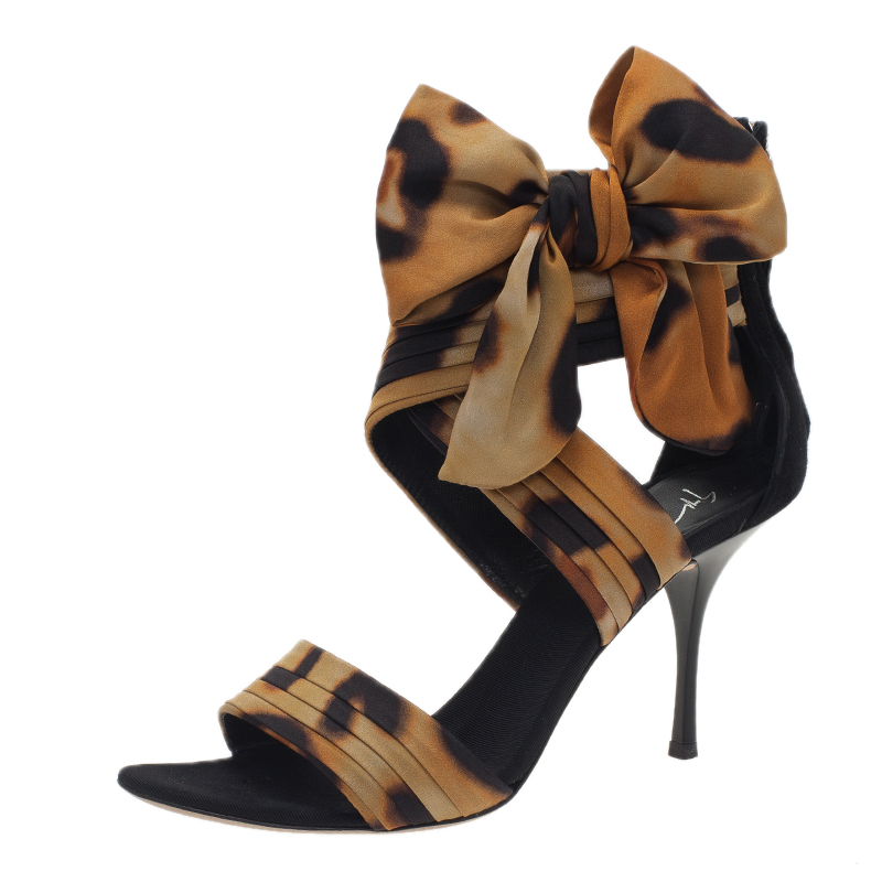Giuseppe Zanotti Leopard Print Silk and Satin Bow Detail Sandals Size 40