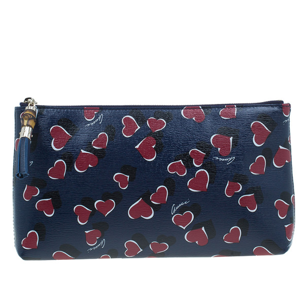 Gucci Blue Busta Grande Heart-Print Textured Leather Pouch