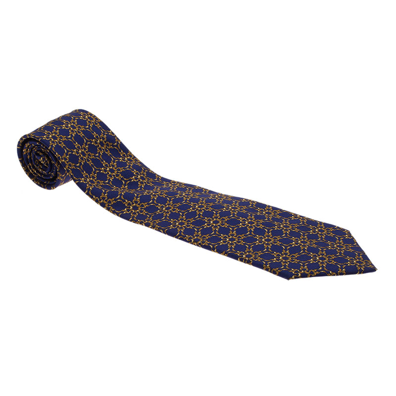 Hermes Blue and Yellow Printed Silk Tie