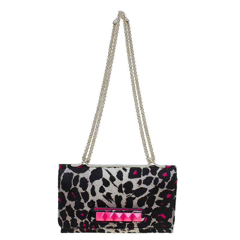 Valentino Pink Leopard Print Pony Hair Rockstud Va Va Voom Shoulder Bag