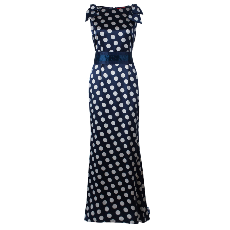 Carolina Herrera Blue Polka-dot Belted Gown M
