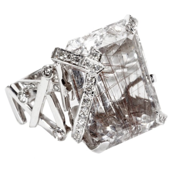 Chanel 18 K White Gold Rutilated Quartz Diamond Ring Size 53