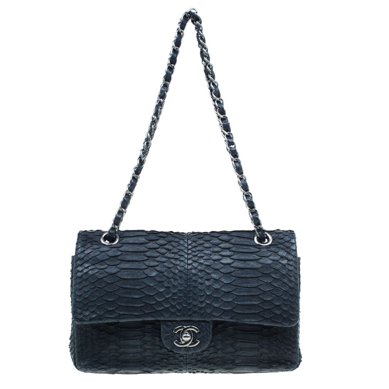 Chanel Black Matte Python Medium Classic Double Flap Bag