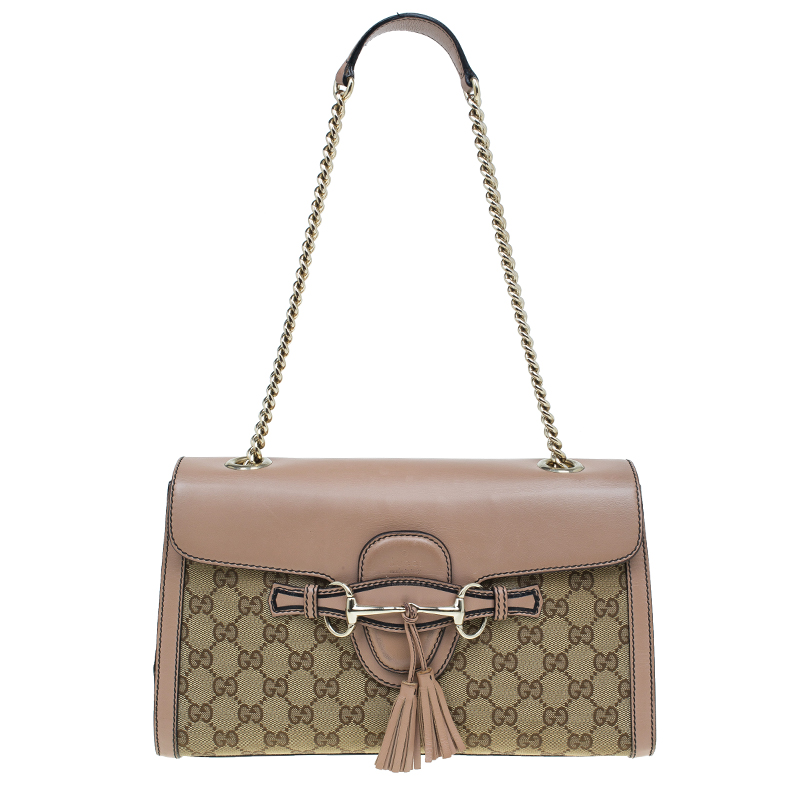 Gucci Beige GG Canvas:Leather Medium Emily Chain Shoulder Bag