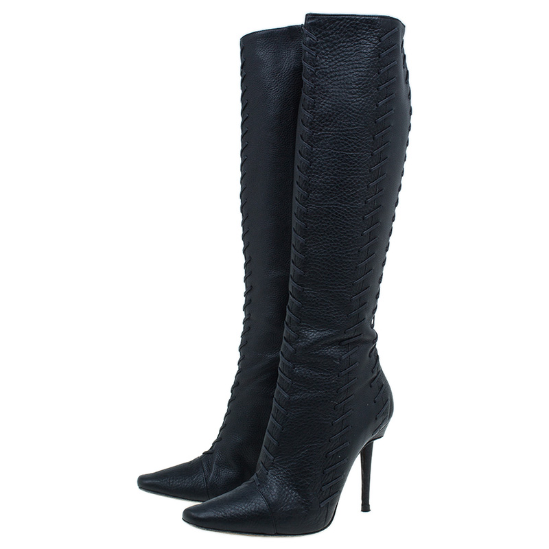 Manolo Blahnik Black Leather Criss Cross Detail Tall Boots Size 39