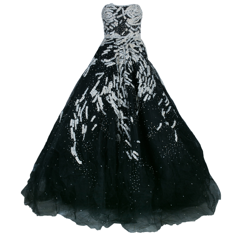 Marchesa Black Strapless Embellished Tulle Gown M