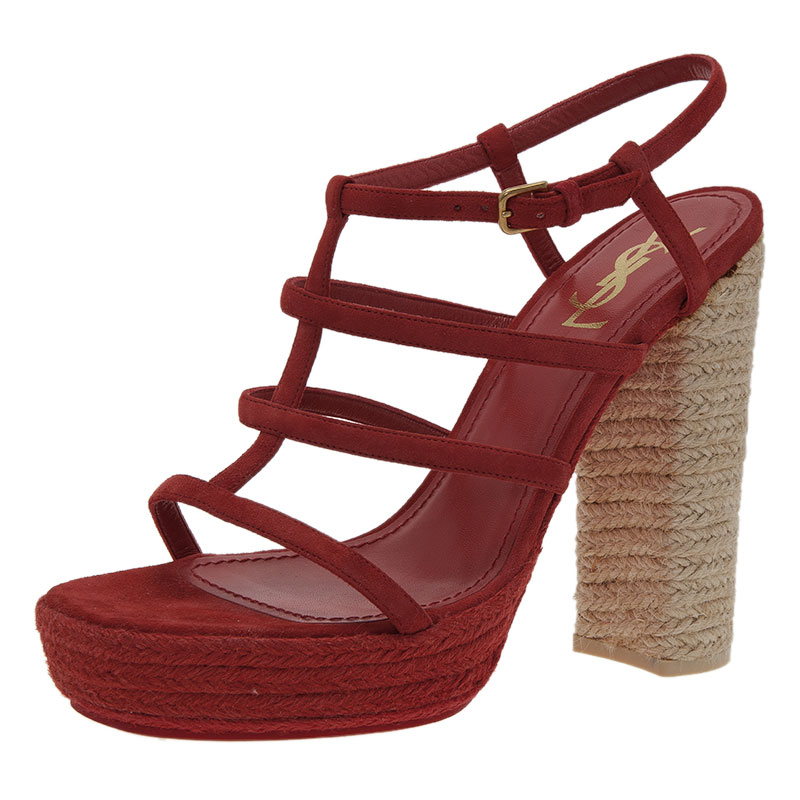 Saint Laurent Paris Red Suede Gypsy Espadrille Platform Sandals Size 40