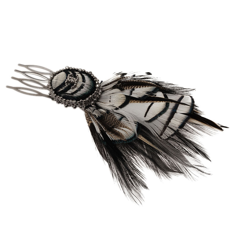 Chanel CC Black and White Feather Crystal Silver Tone Hairclip