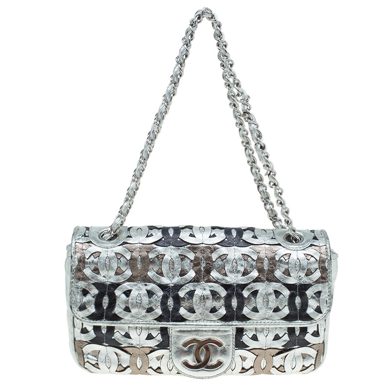 Chanel Metallic Silver Leather CC Cutout Flap Handbag