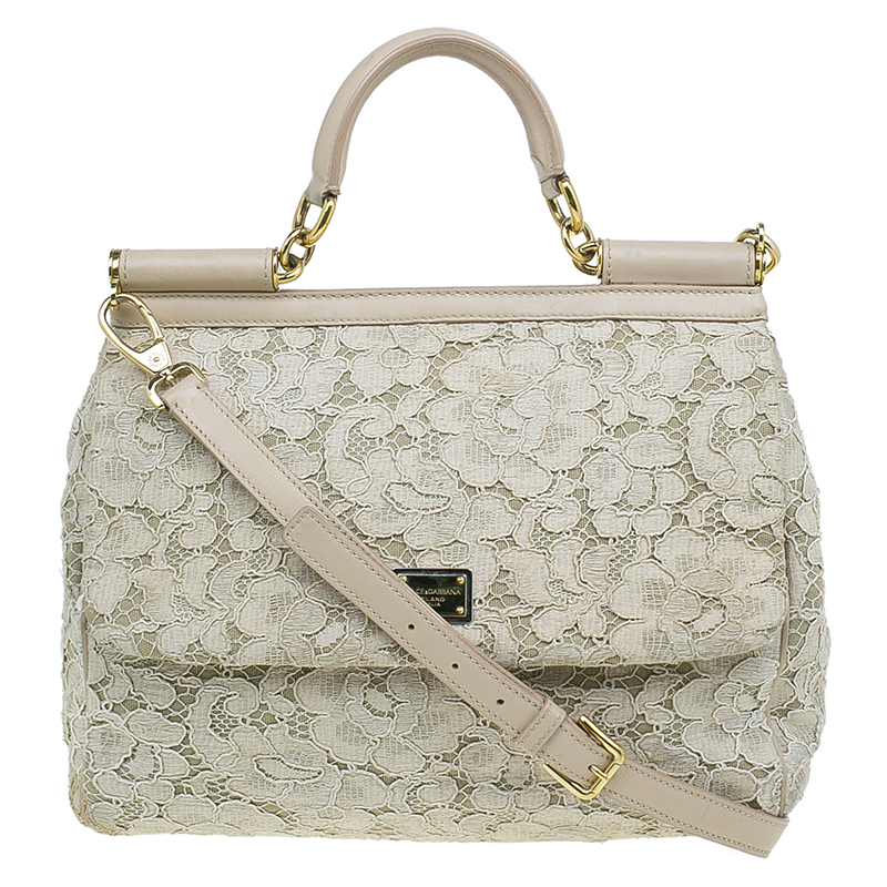 Dolce and Gabbana Beige Lace Leather Medium Miss Sicily Bag
