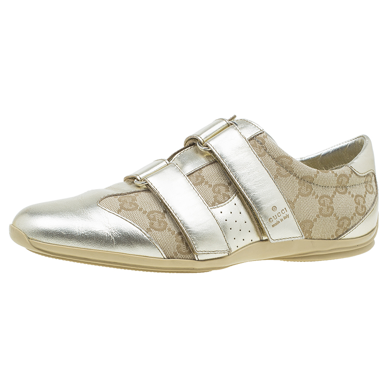 Gucci Metallic Gold Guccissima Canvas and Leather Velcro Sneakers Size 38