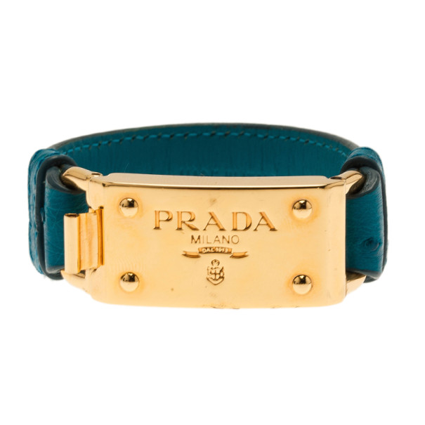 Prada Ostrich Gold-Plated Blue Leather Bracelet 17CM
