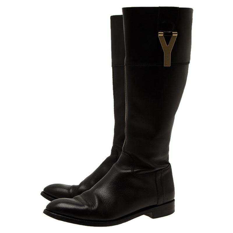 Saint Laurent Paris Black Leather Y Logo Riding Boots Size 37.5