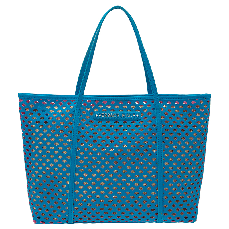 Versace Jeans Baby Blue Perforated Leather Shopping Tote