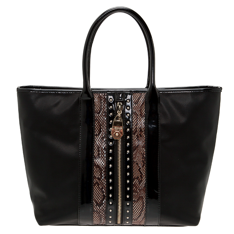 Versace Jeans Black Leather Python Zip Studs Shopping Tote
